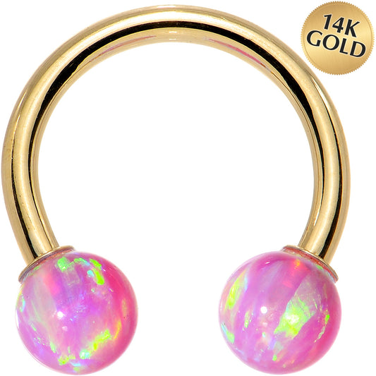 14G Solid 14K Yellow Gold Pink Synthetic Opal Horseshoe Barbell