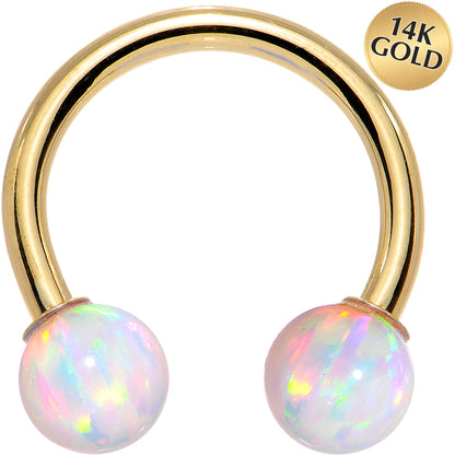 14G Solid 14K Yellow Gold White Synthetic Opal Horseshoe Barbell