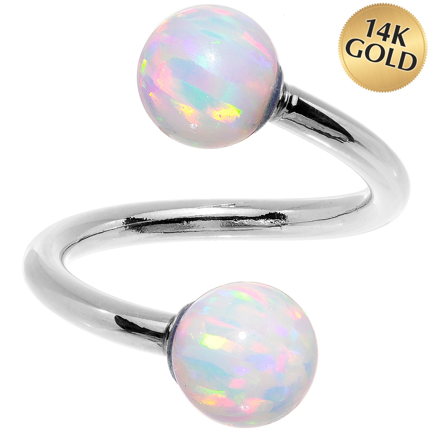 14k White Gold White Synthetic Opal Spiral Twister 14G 7/16