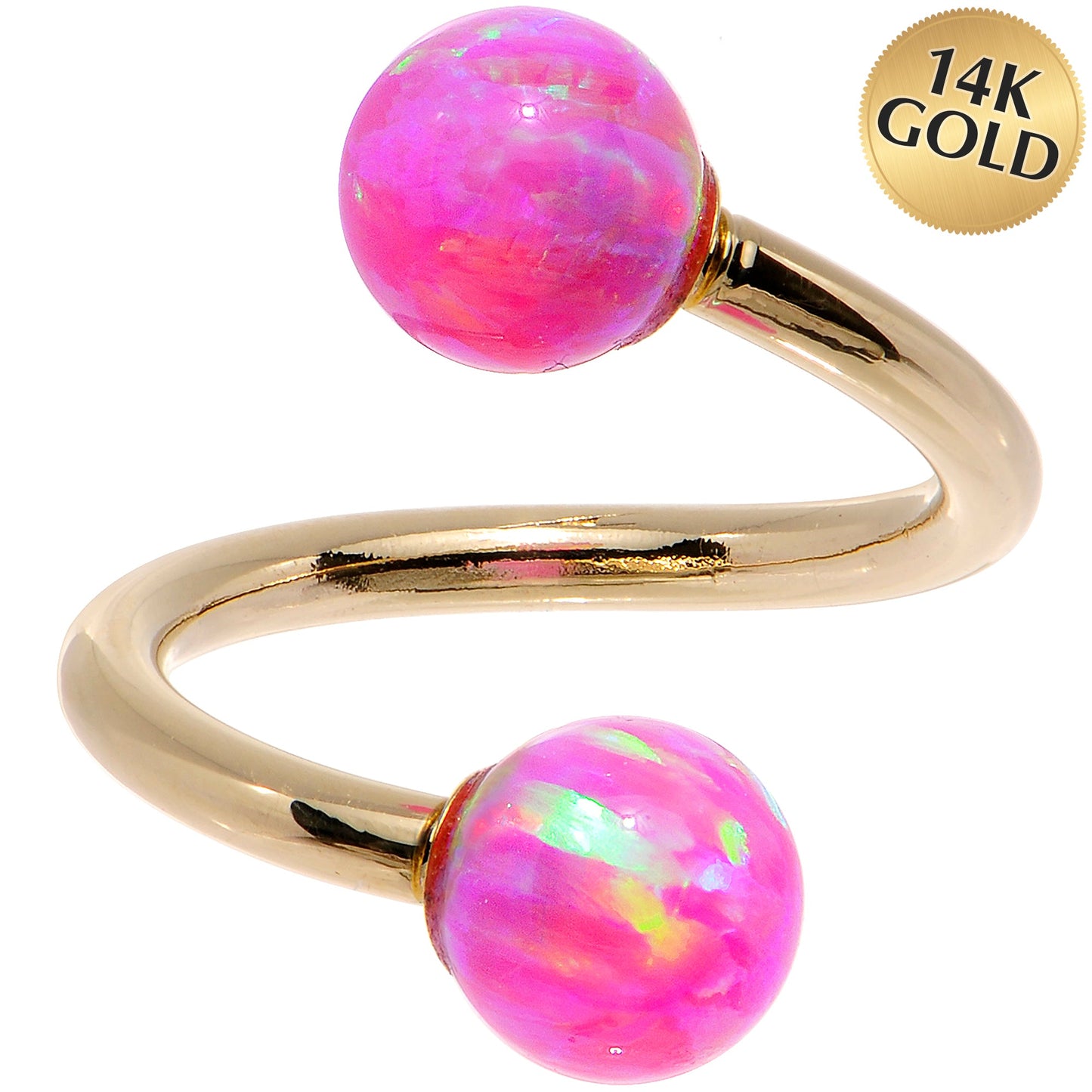 14k Yellow Gold Fuchsia Synthetic Opal Spiral Twister 14G 7/16