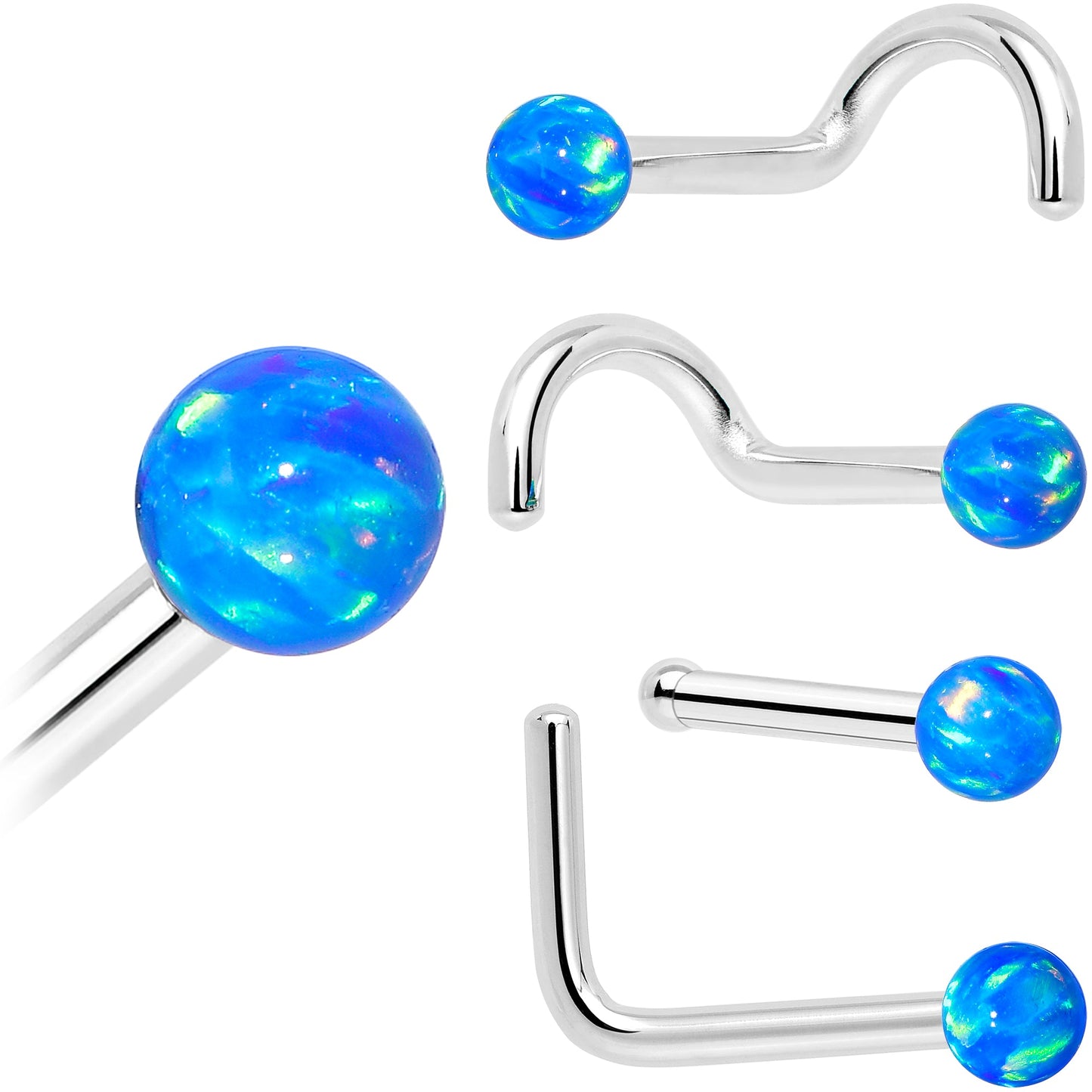 14k White Gold 2.5mm Blue Synthetic Opal Ball Nose Ring