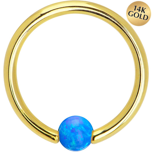 14G 3/8 Solid 14K Gold Blue Synthetic Opal Captive Ring