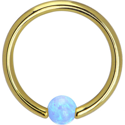 14G 3/8 Solid 14K Gold Light Blue Synthetic Opal Captive Ring
