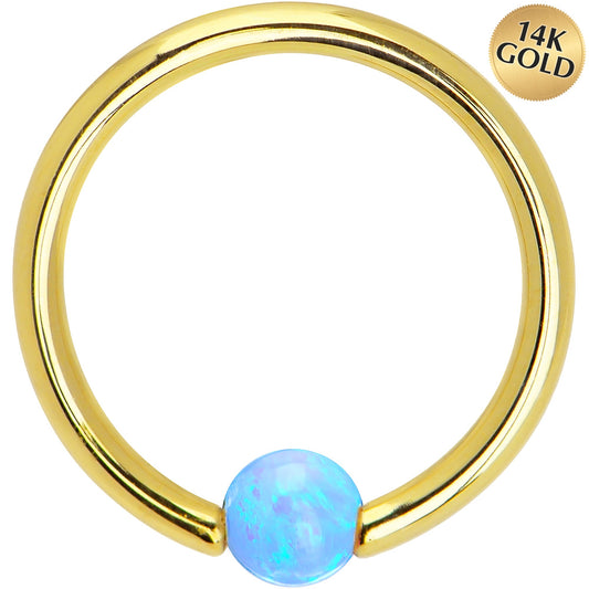 14G 3/8 Solid 14K Gold Light Blue Synthetic Opal Captive Ring
