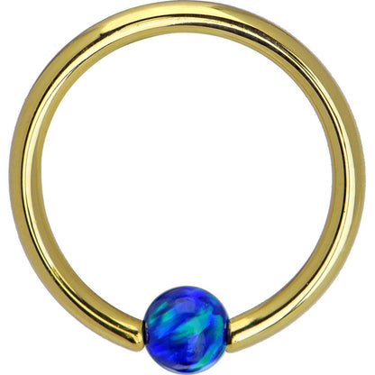 14G 3/8 Solid 14K Gold Dark Blue Synthetic Opal Captive Ring