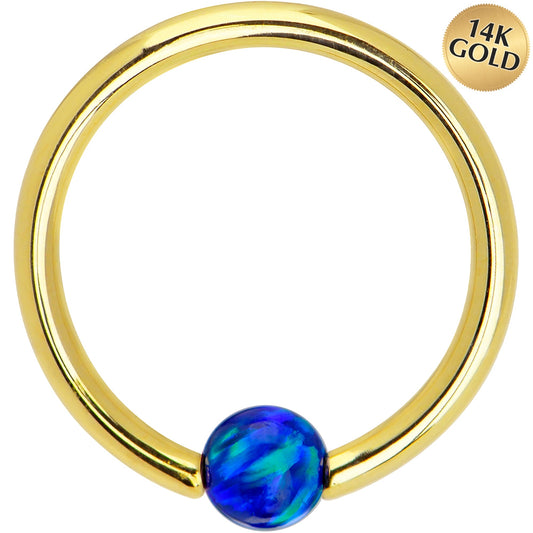 14G 3/8 Solid 14K Gold Dark Blue Synthetic Opal Captive Ring