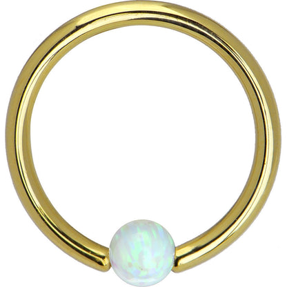 14G 3/8 Solid 14K Yellow Gold White Synthetic Opal Captive Ring
