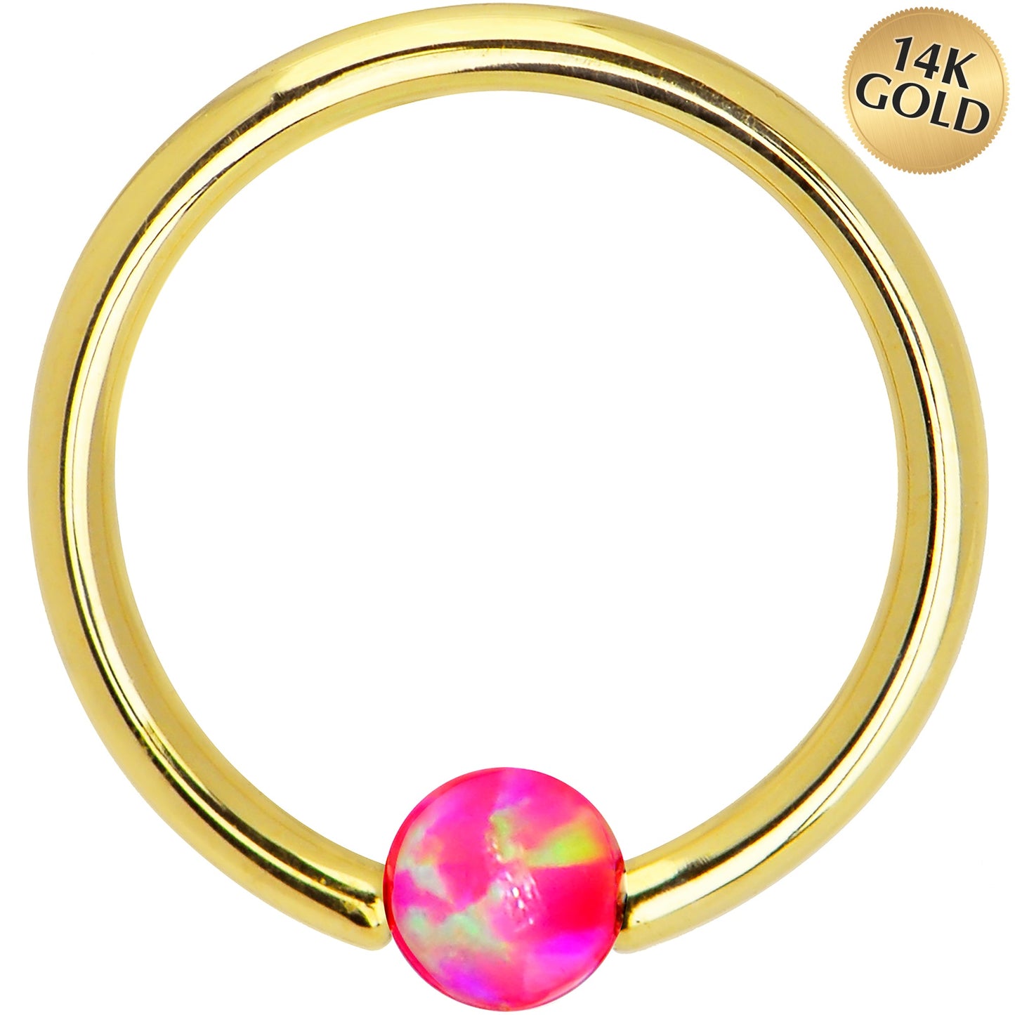 14G 3/8 Solid 14K Yellow Gold Pink Synthetic Opal Captive Ring
