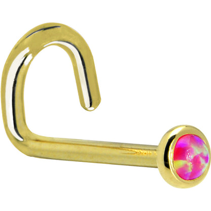 Solid 14K Yellow Gold 2mm Brilliant Pink Synthetic Opal Nose Ring