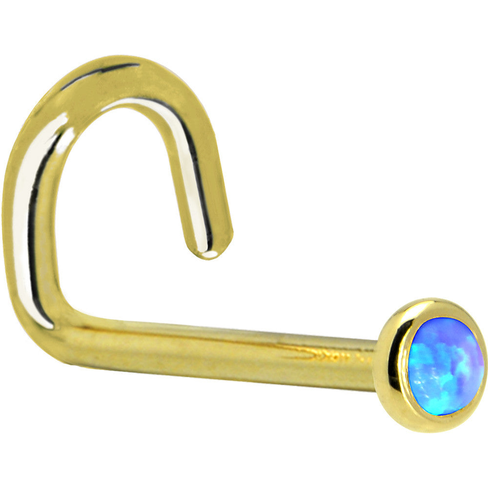 Solid 14K Yellow Gold 2mm Blue Synthetic Opal Nose Ring