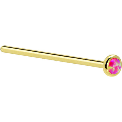 Solid 14K Yellow Gold 2mm Brilliant Pink Synthetic Opal Nose Ring