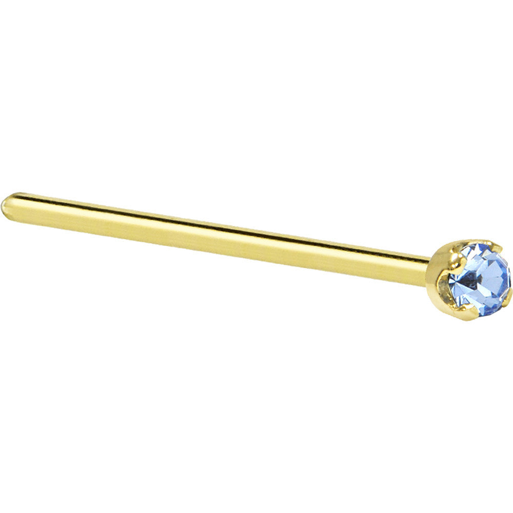 Solid 14K Yellow Gold 2mm Light Blue Cubic Zirconia Nose Ring