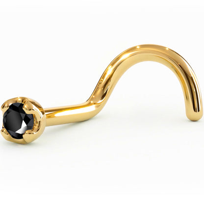 Solid 14K Yellow Gold 1.5mm Genuine Black Diamond Nose Ring