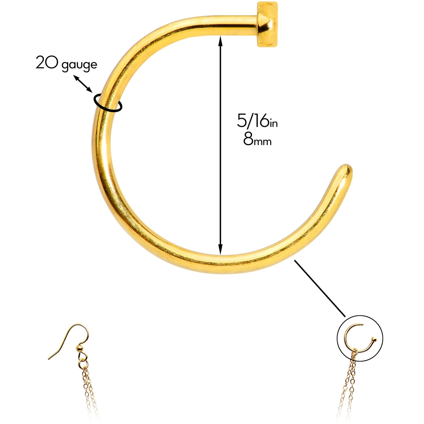 Handcrafted Pirate Booty Gold Plated Ear to Nose Chain 20G 5/16