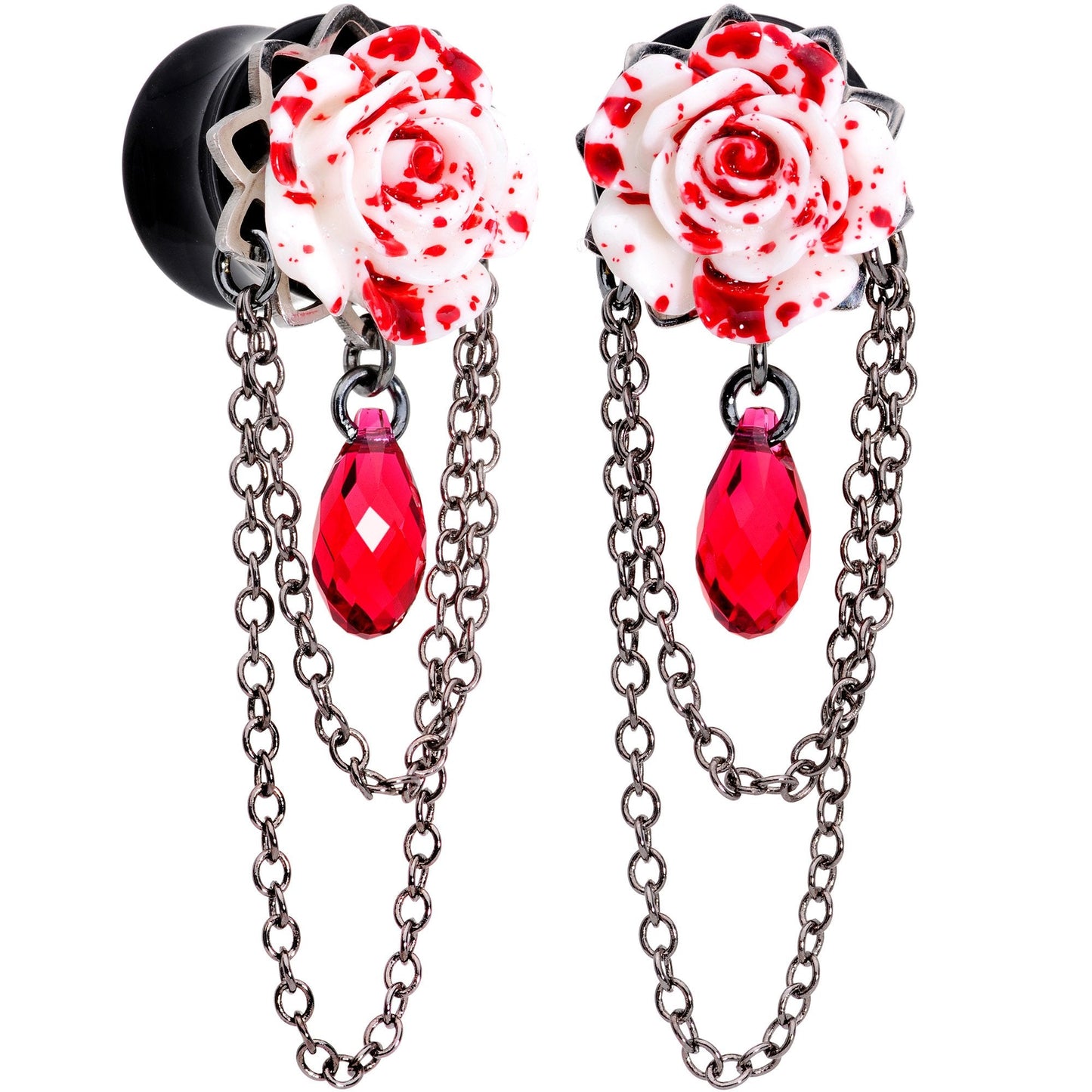 Blood Rose Dangle Plug Set Sizes 8mm to 20mm Created with Crystals