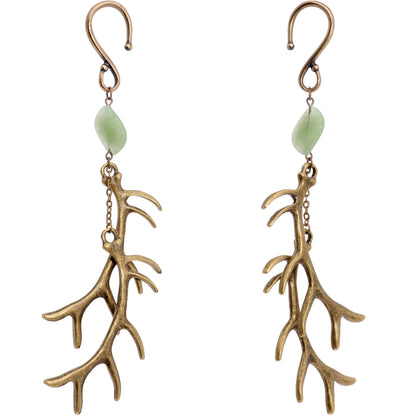 Handcrafted Antique Brass Plated Green Aventurine Antler Ear Weights