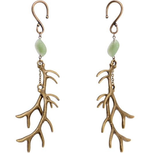 Handcrafted Antique Brass Plated Green Aventurine Antler Ear Weights