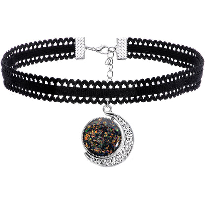 Handcrafted Black White Two Sided Faux Opal Moon Choker Necklace