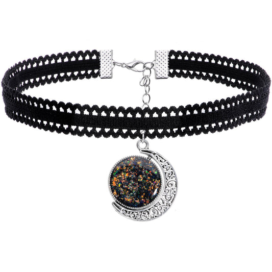 Handcrafted Black White Two Sided Faux Opal Moon Choker Necklace