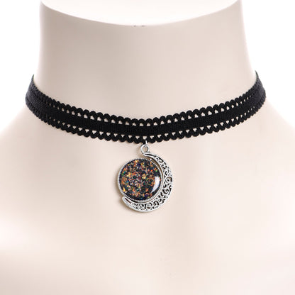 Handcrafted Black White Two Sided Faux Opal Moon Choker Necklace