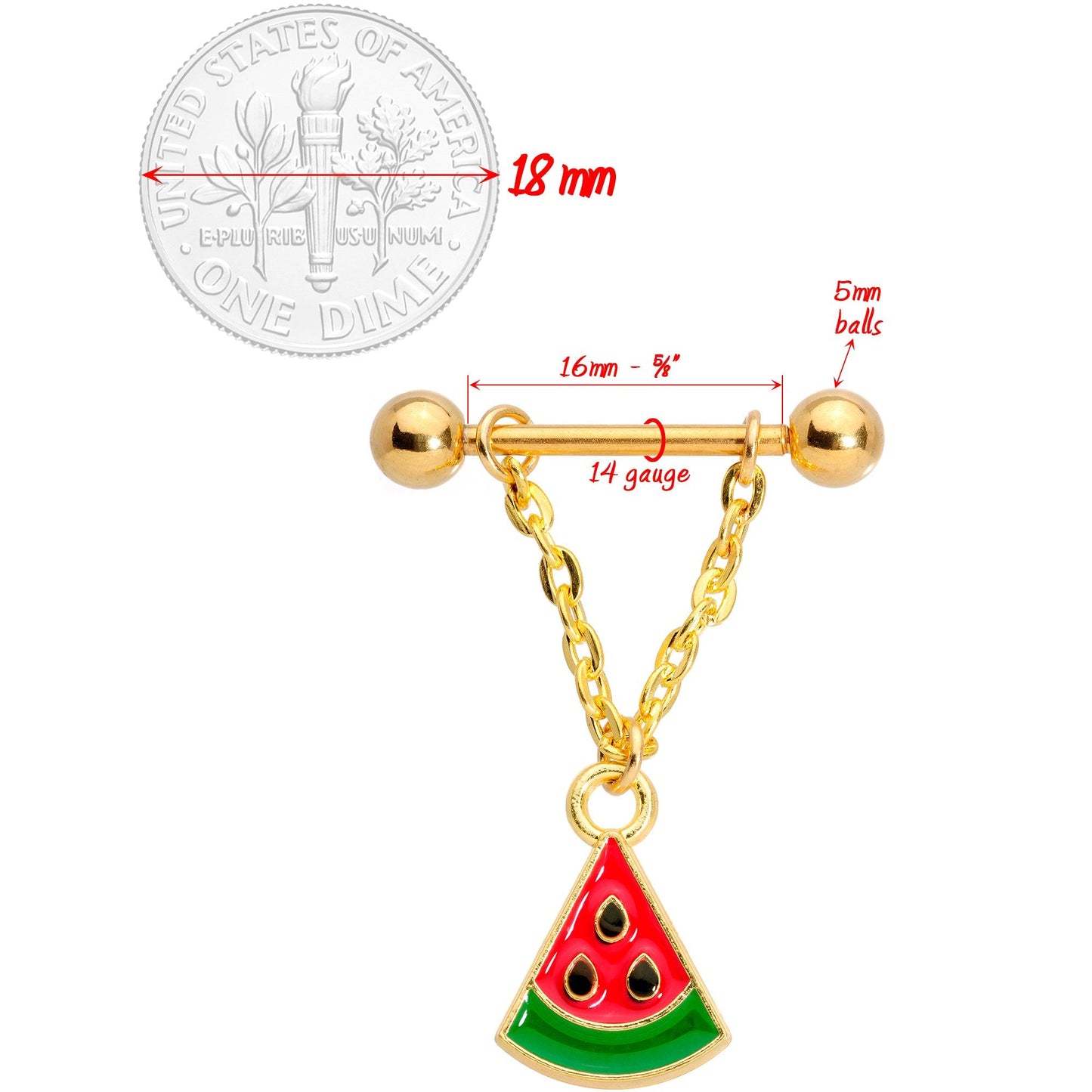 14G 5/8 Handmade Gold Tone Watermelon Dangle Nipple Ring Set