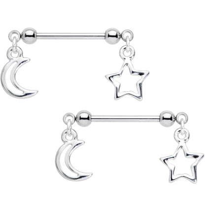 14G 5/8 Handcrafted Moon Star Dangle Barbell Nipple Ring Set