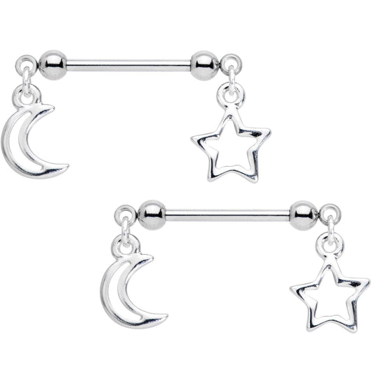 14G 5/8 Handcrafted Moon Star Dangle Barbell Nipple Ring Set