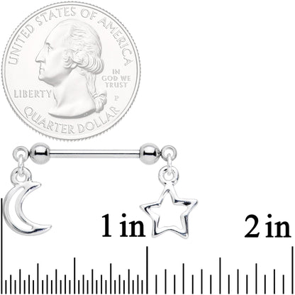14G 5/8 Handcrafted Moon Star Dangle Barbell Nipple Ring Set