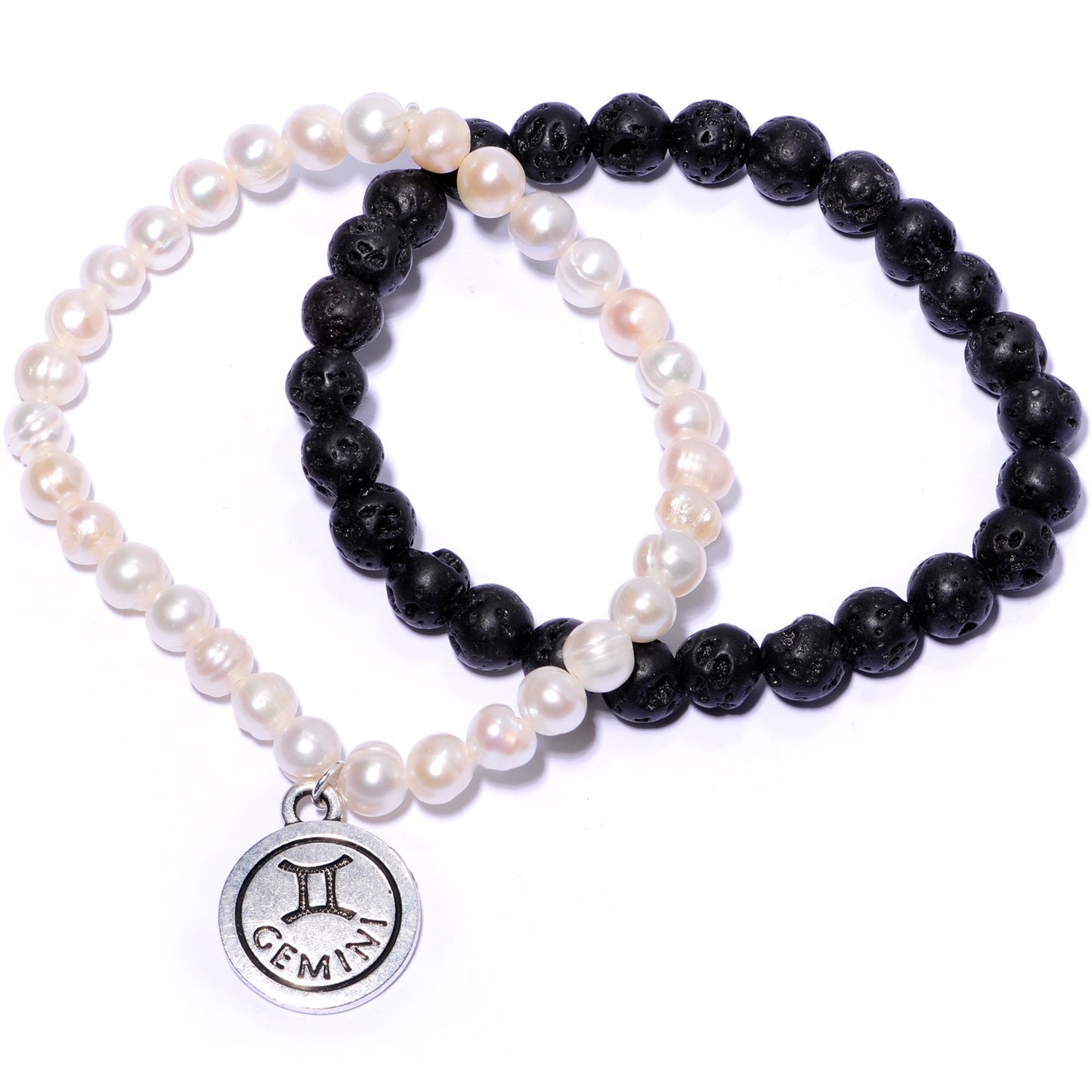 Handmade Lava Stone Freshwater Pearl Gemini Zodiac Bracelet Set of 2