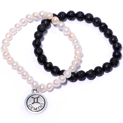 Handmade Lava Stone Freshwater Pearl Gemini Zodiac Bracelet Set of 2