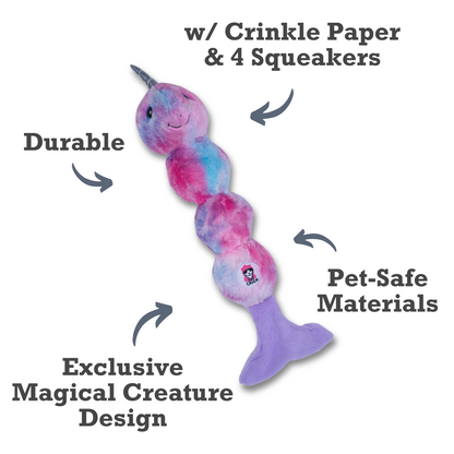 Tie Dye Skinny Narwhal Magical Creature Plush Dog Toy – with Squeaker & Crinkle Paper for Fun Play