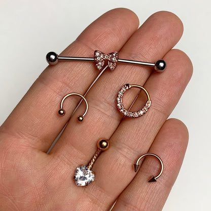 16G 3/8 Clear Gem Rose Gold Tone Hinged Circular Ring Set