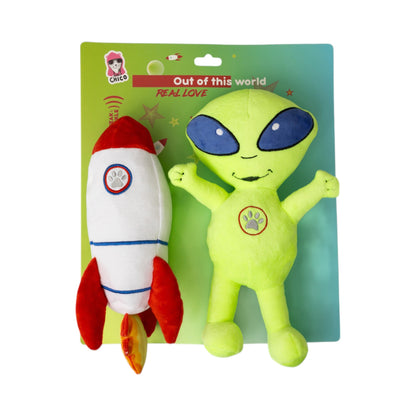 Space Alien & Rocket Plush Dog Toy Gift Set – with Squeaker & Crinkle Paper for Fun Play