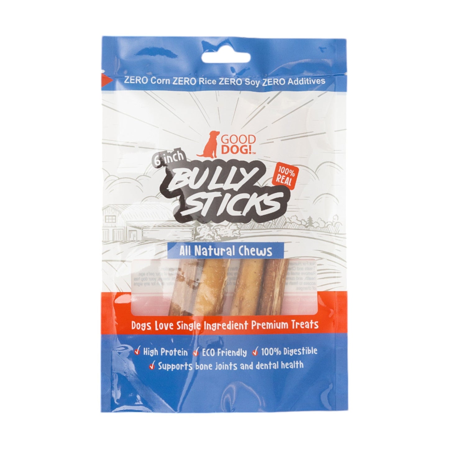All-Natural Beef Bully Stick Dog Treats – Nutrient-Rich, and High-Protein – 6-Inch Standard (4-Pack)