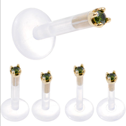 Solid 14K Yellow Gold 1.5mm Genuine Green Diamond Bioplast Push in Labret