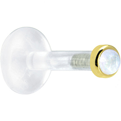 Solid 14K Yellow Gold 2mm Genuine Rainbow Moonstone Bioplast Push in Labret
