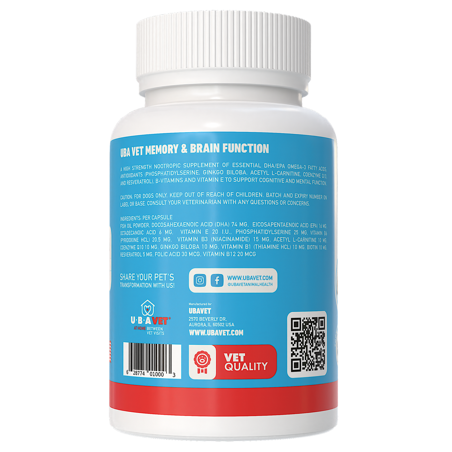 UBAVET Memory & Brain Support for Senior Dogs – 90 ct Cognitive Health Supplement