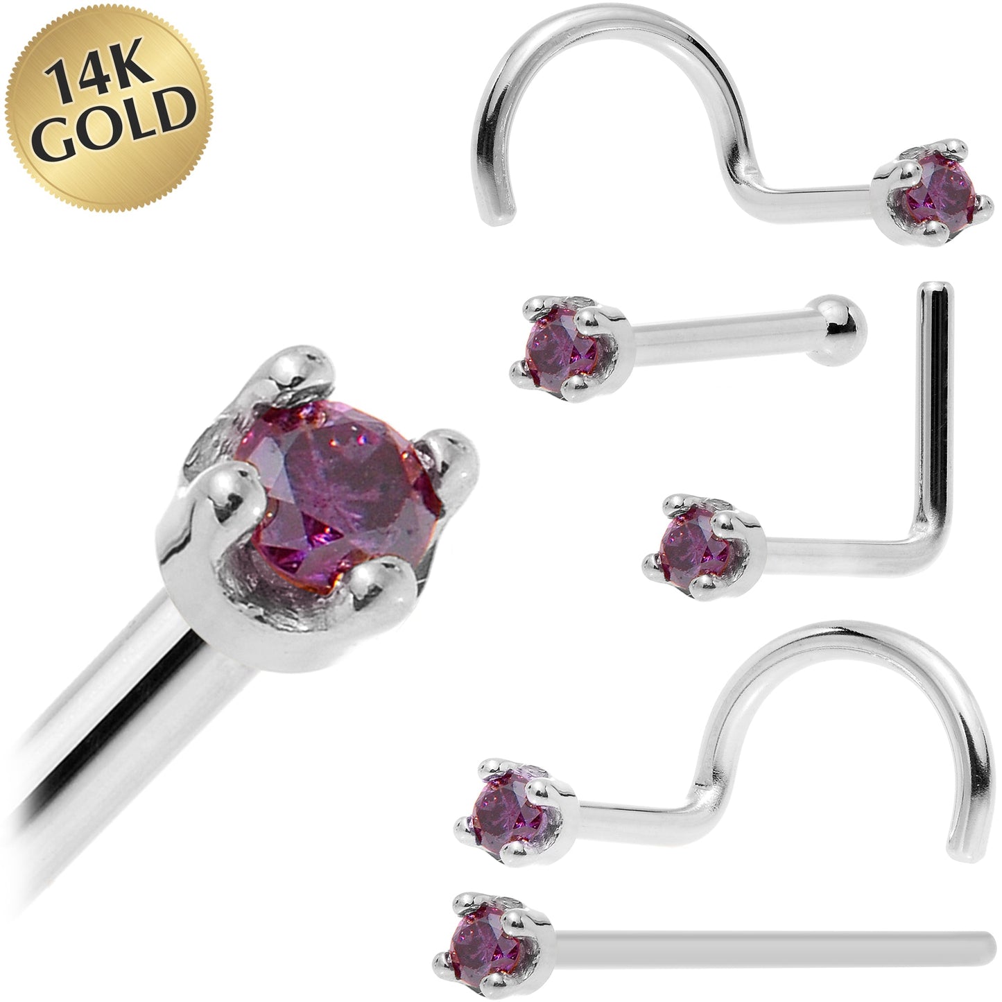 Solid 14K White Gold 1.5mm Genuine Purple Diamond Nose Ring