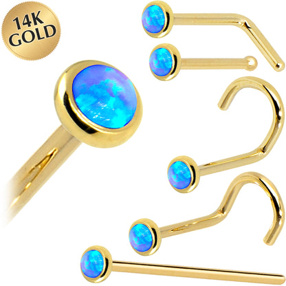Solid 14K Yellow Gold 2mm Blue Synthetic Opal Nose Ring