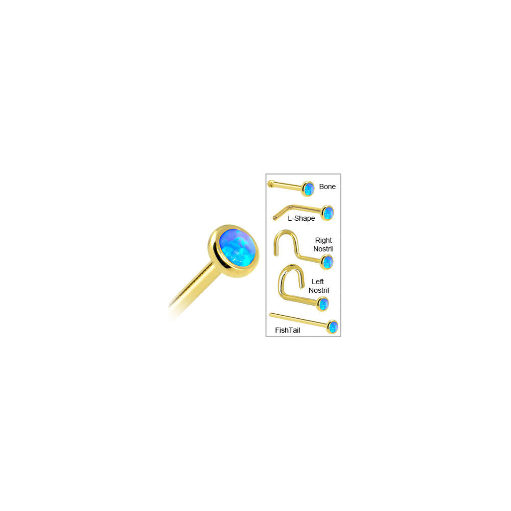 Solid 14K Yellow Gold 2mm Blue Synthetic Opal Nose Ring