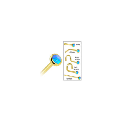 Solid 14K Yellow Gold 2mm Blue Synthetic Opal Nose Ring