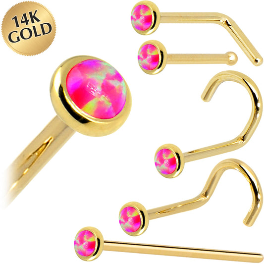Solid 14K Yellow Gold 2mm Brilliant Pink Synthetic Opal Nose Ring