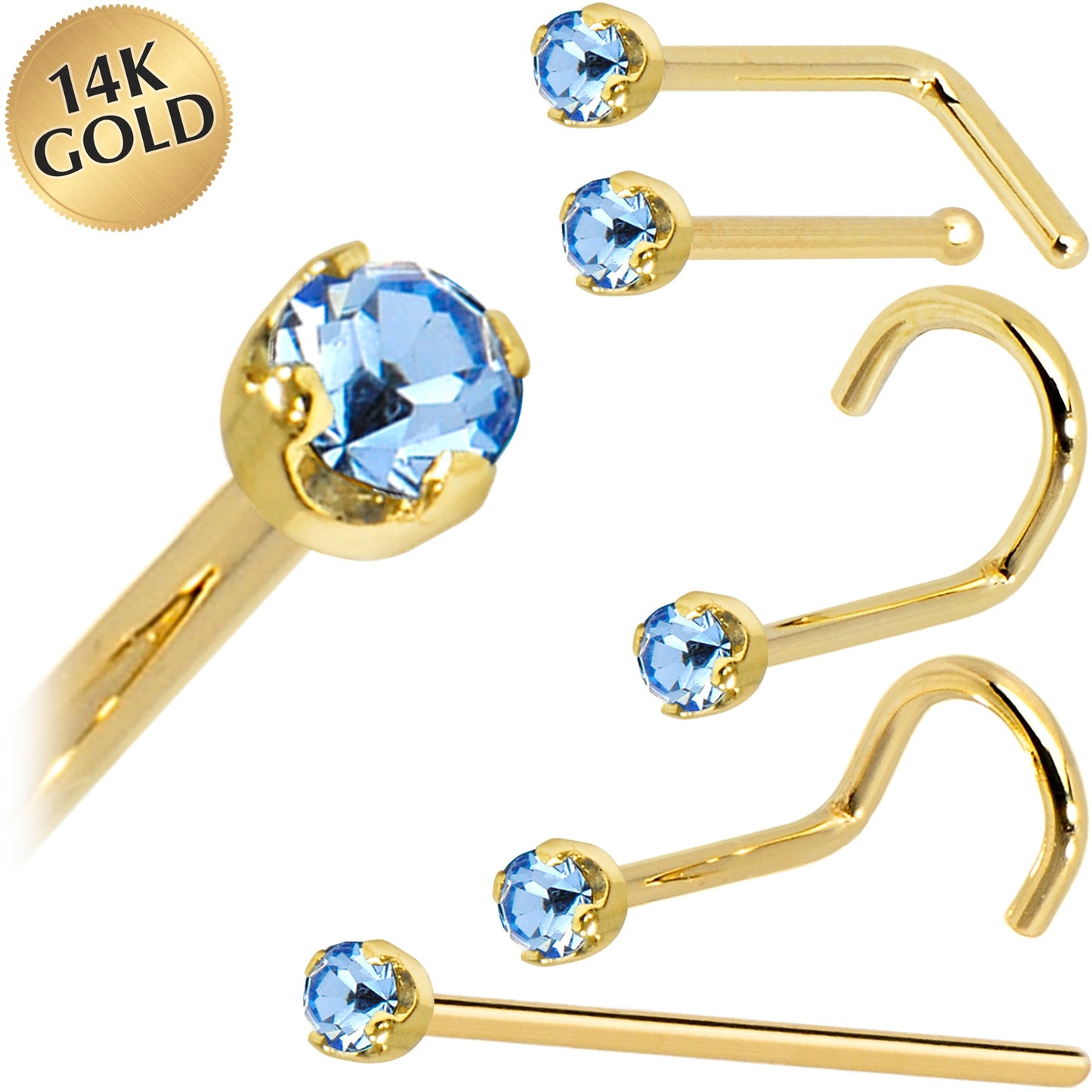 Solid 14K Yellow Gold 2mm Light Blue Cubic Zirconia Nose Ring