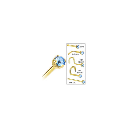 Solid 14K Yellow Gold 2mm Light Blue Cubic Zirconia Nose Ring