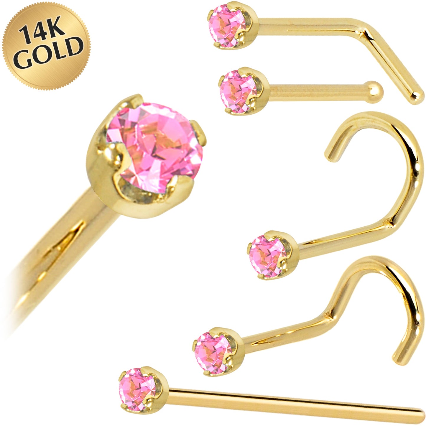 Solid 14K Yellow Gold 2mm Pink Cubic Zirconia Nose Ring