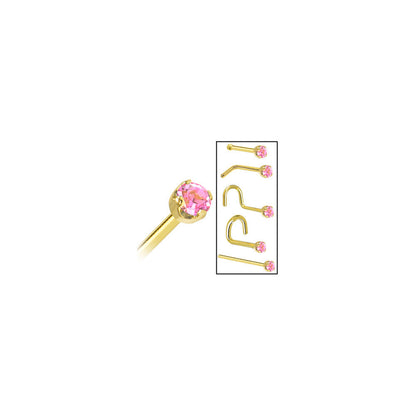 Solid 14K Yellow Gold 2mm Pink Cubic Zirconia Nose Ring