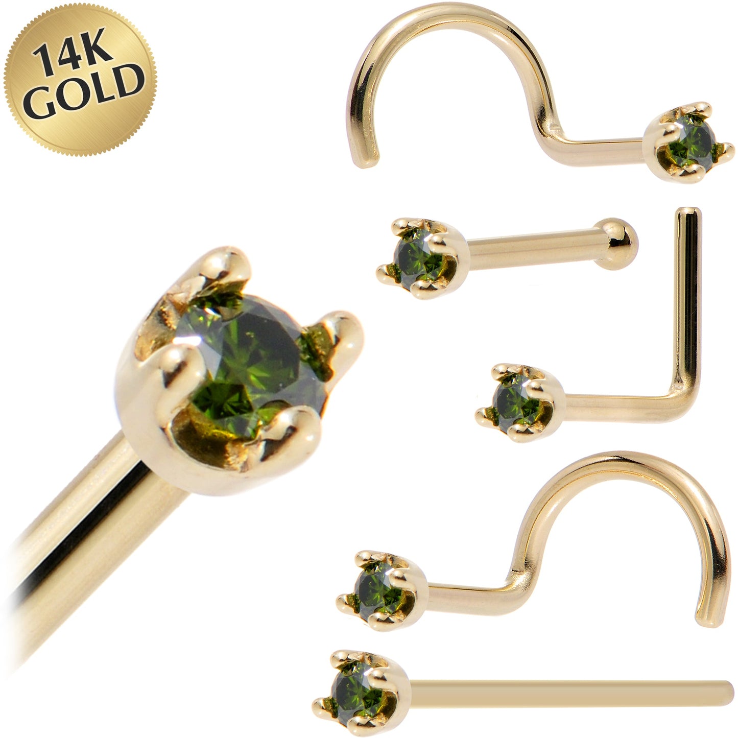 Solid 14K Yellow Gold 1.5mm Genuine Green Diamond Nose Ring