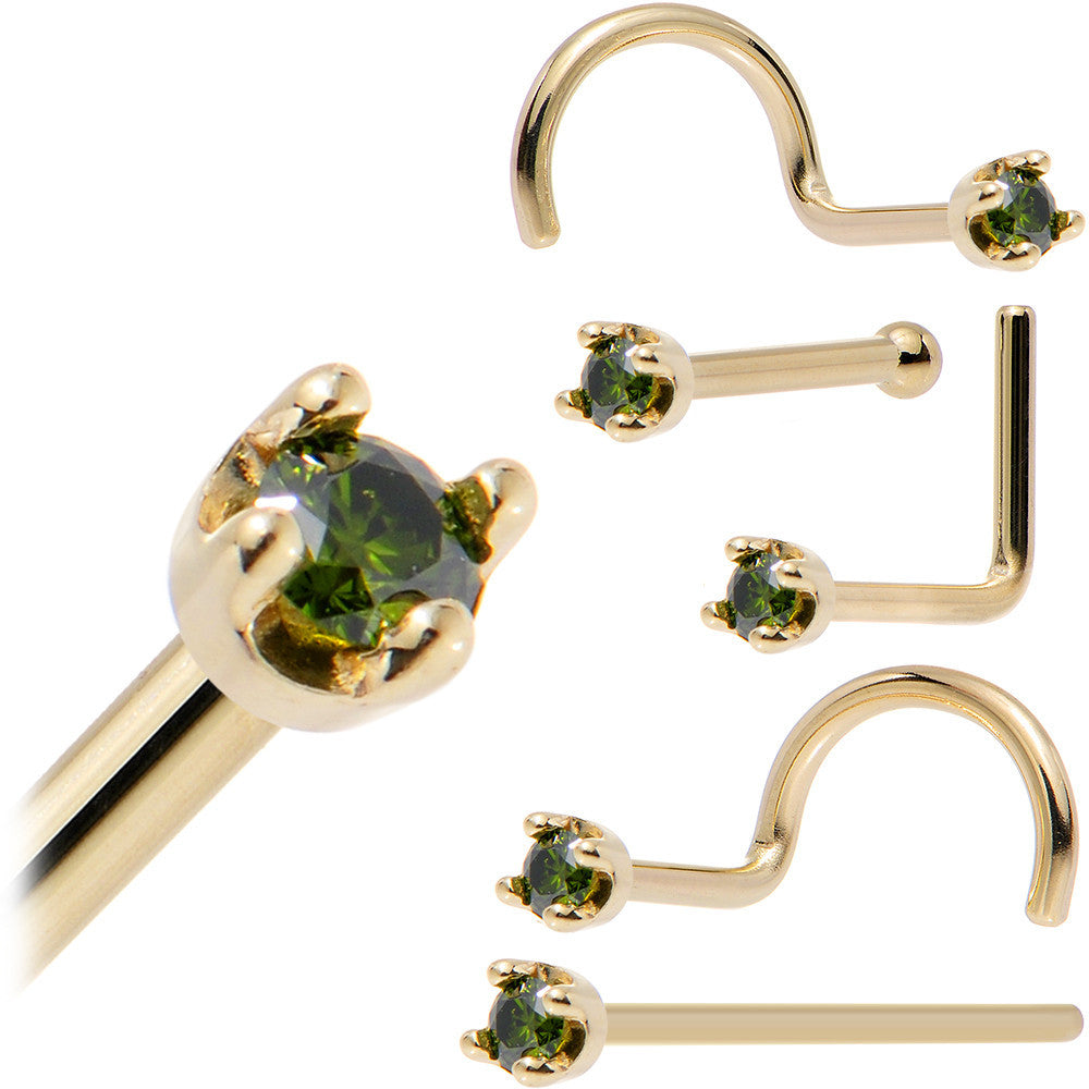 Solid 14K Yellow Gold 1.5mm Genuine Green Diamond Nose Ring