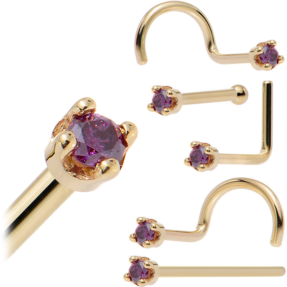 Solid 14K Yellow Gold 1.5mm Genuine Purple Diamond Nose Ring