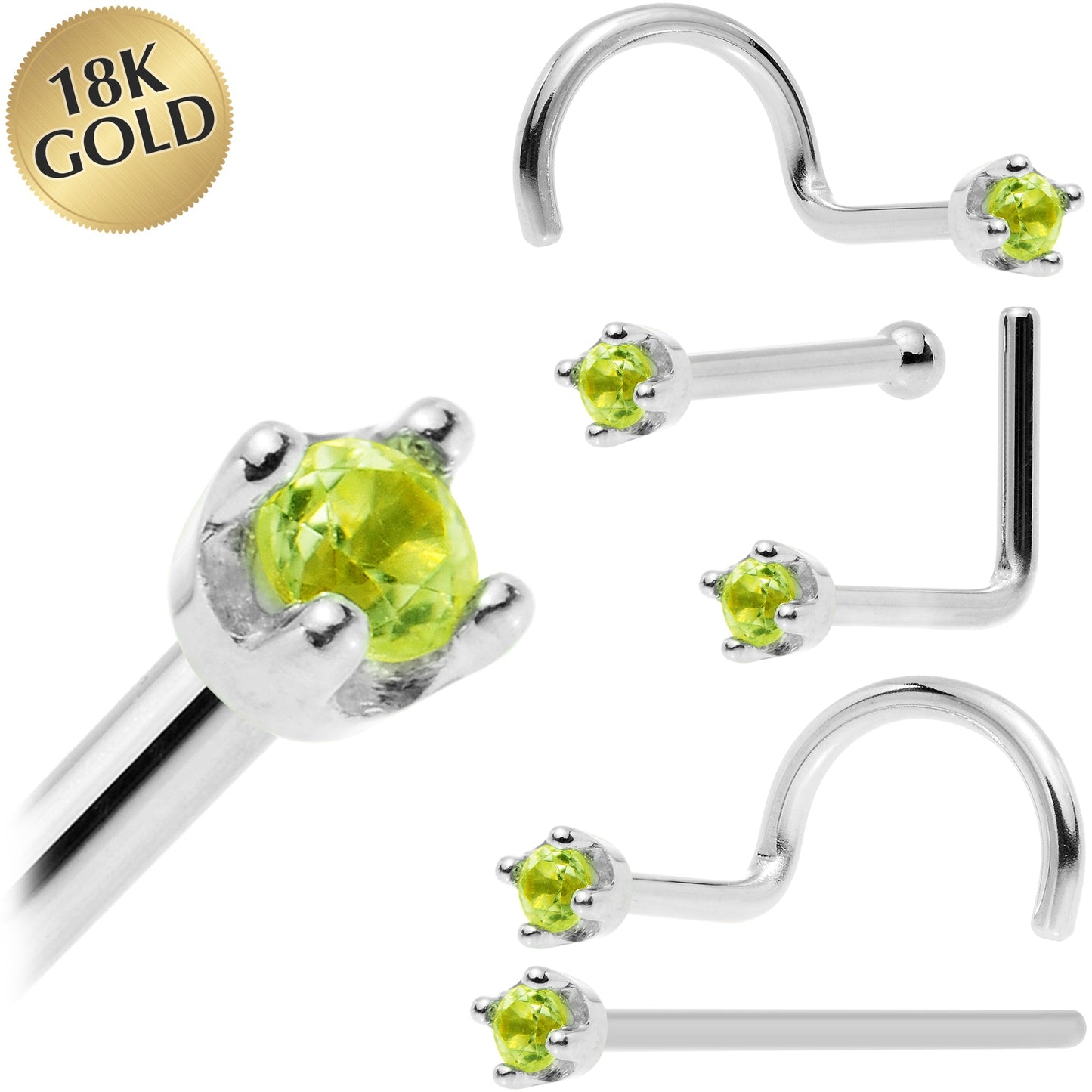 Solid 18K White Gold 1.5mm Genuine Peridot Nose Ring